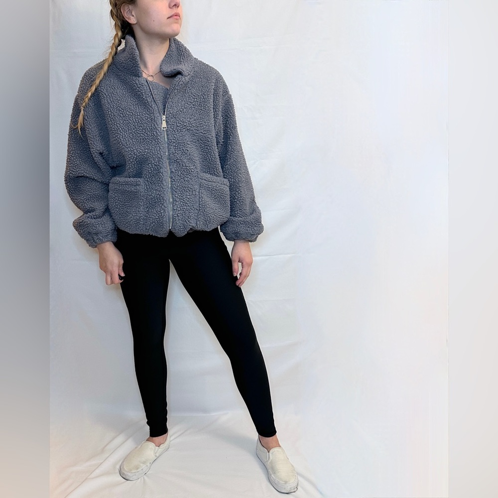 Zaful Full Zip Teddy Jacket - Blue/Grey - 4